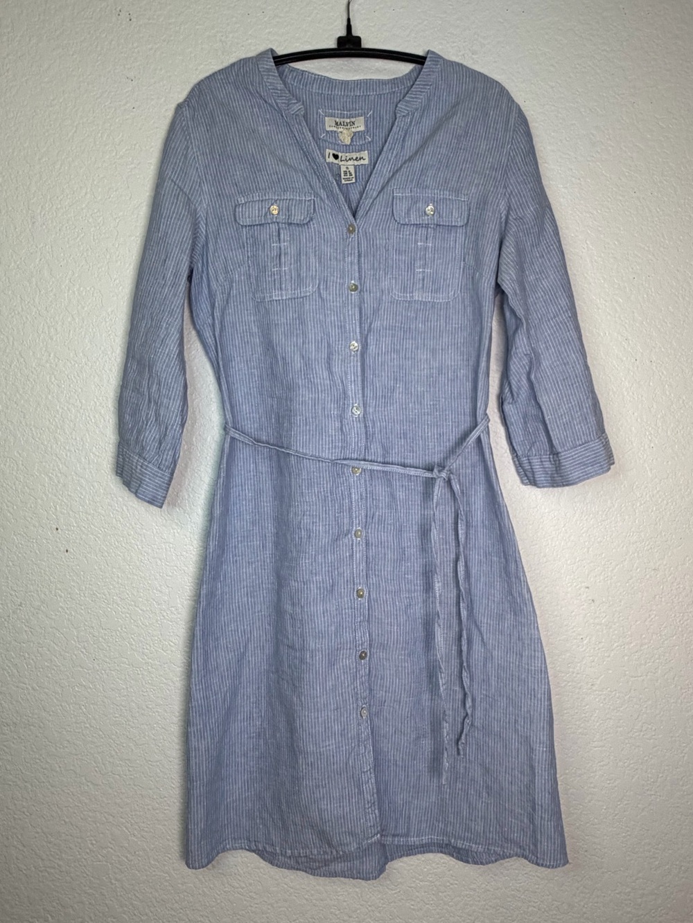 Malvin Hamberg Germany, I ❤️ Linen,‎ Blue Pinstripe Button-Front Midi Dress, S